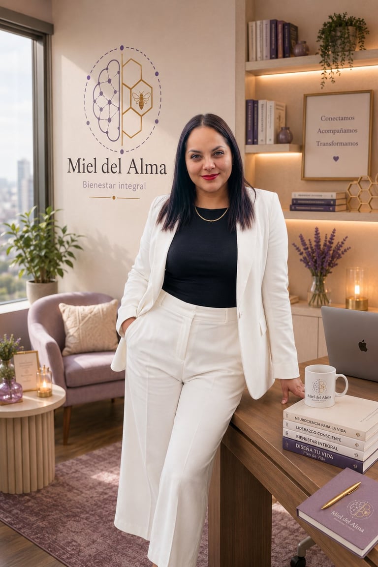 Mariana Castañeda, fundadora de Miel del Alma, en oficina wellness con blazer blanco