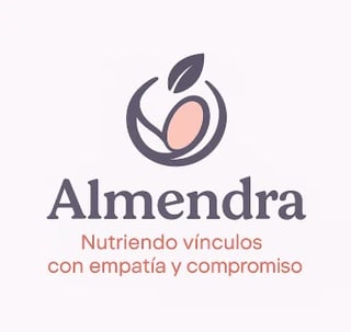 Almendra logo with stylized almond and leaves, tagline in Spanish about nurturing bonds with empathy and commitment
