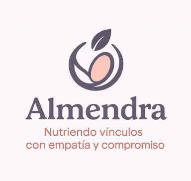 Almendra logo with stylized almond and leaves, tagline in Spanish about nurturing bonds with empathy and commitment