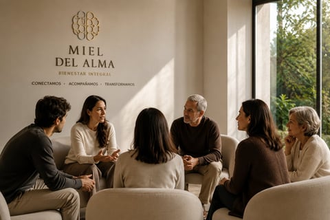 Six people sitting in a circle having a discussion in a bright room with Miel del Alma branding on the wall and large windows overlooking greenery