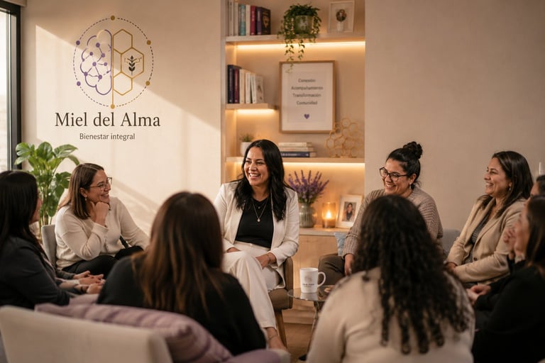 Grupo de mujeres en sala de reuniones de clínica wellness con branding Miel del Alma y estantería iluminada al fondo