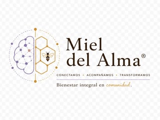 Miel del Alma logo featuring a brain and honeycomb with bee, tagline about community and well-being