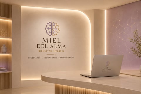 Modern wellness clinic reception area with illuminated MIEL DEL ALMA brand signage, curved backlit wall, minimalist desk with laptop, and soft warm lighting