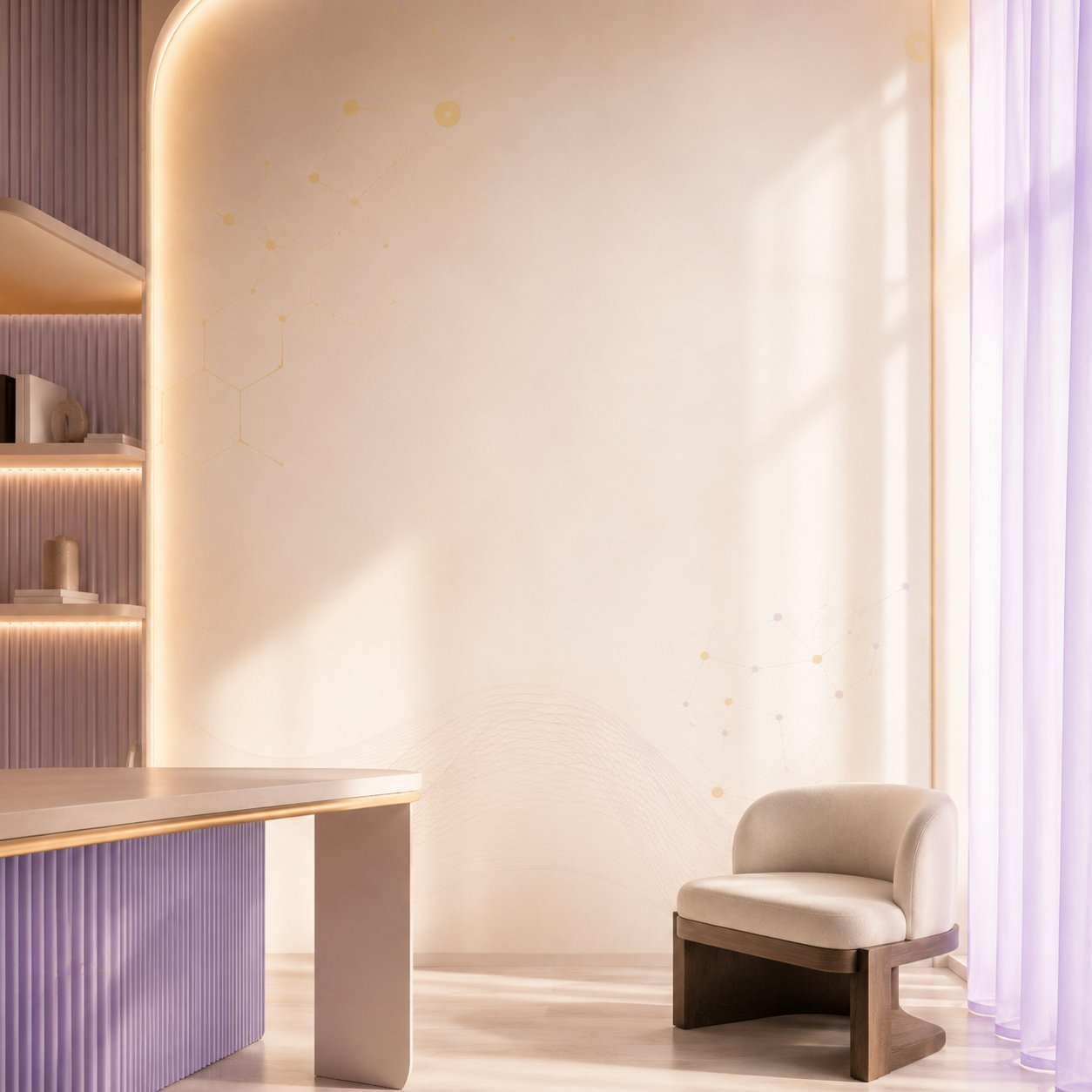 Modern minimalist interior with cream-colored accent wall and warm ambient lighting