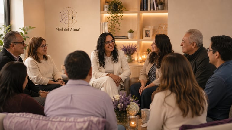 Grupo de personas sentadas en círculo durante una sesión de acompañamiento en sala cálida con branding Miel del Alma al fondo