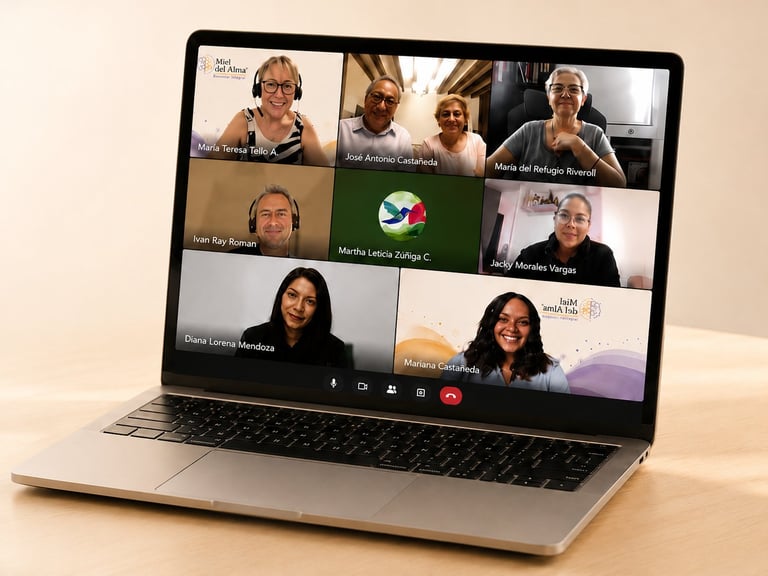 Videollamada con nueve participantes de la comunidad Miel del Alma en videoconferencia